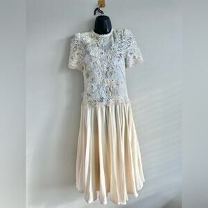 Vintage 1980s Lace Beaded Midi Dress | Ivory Puff Sleeve Bridal Prom Gown